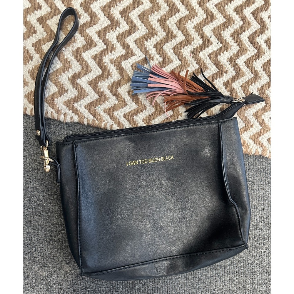 Melie Bianco‎ Wristlet Clutch with Strap 'I Own Too Much Black' Tassel Pouch Bag